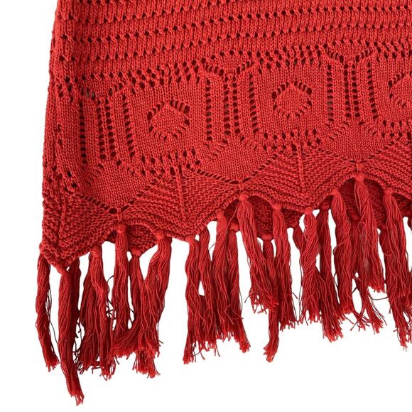 JohnPaulRichard Fringe Hem Red Knit Crocheted Short Sleeve Sweater Top Small - Picture 5 of 11